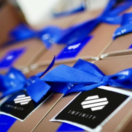 Boxes that are wrapped with silver ribbon as gifts