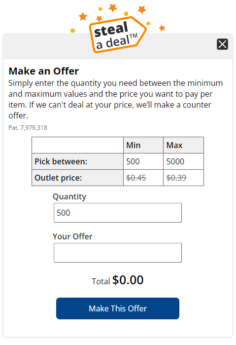 Steal a deal dialog where you can enter your quantity and offer price