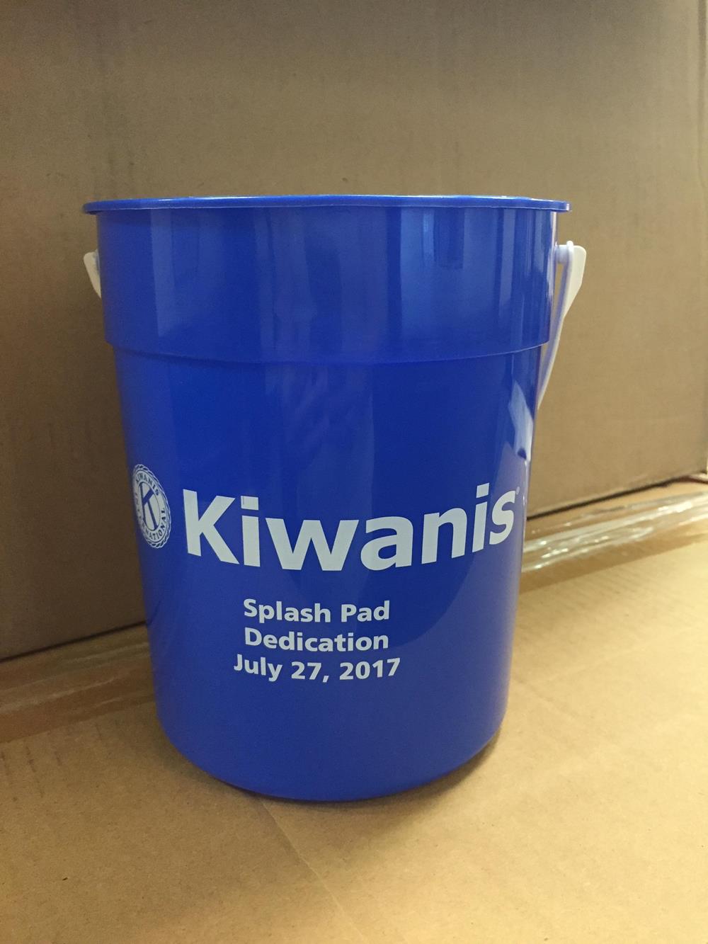 a blue bucket with white text on it