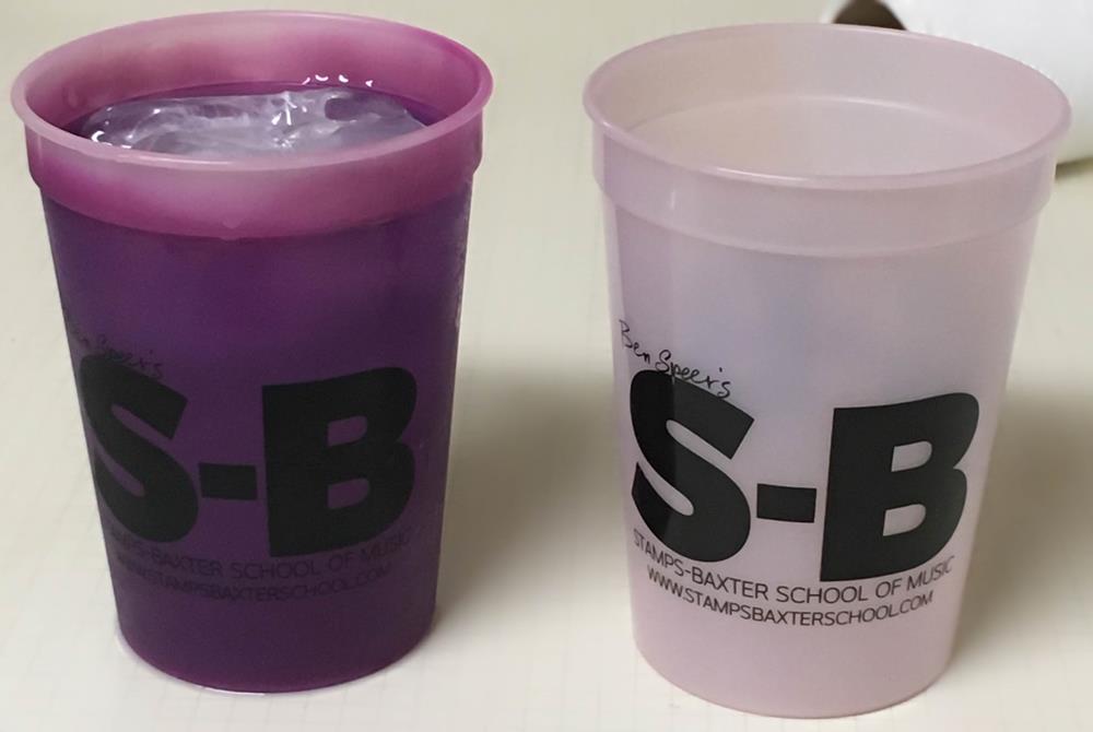 Customer photo from Lauren of our Mood Stadium Cup - 12 oz., two plastic cups with liquid in them