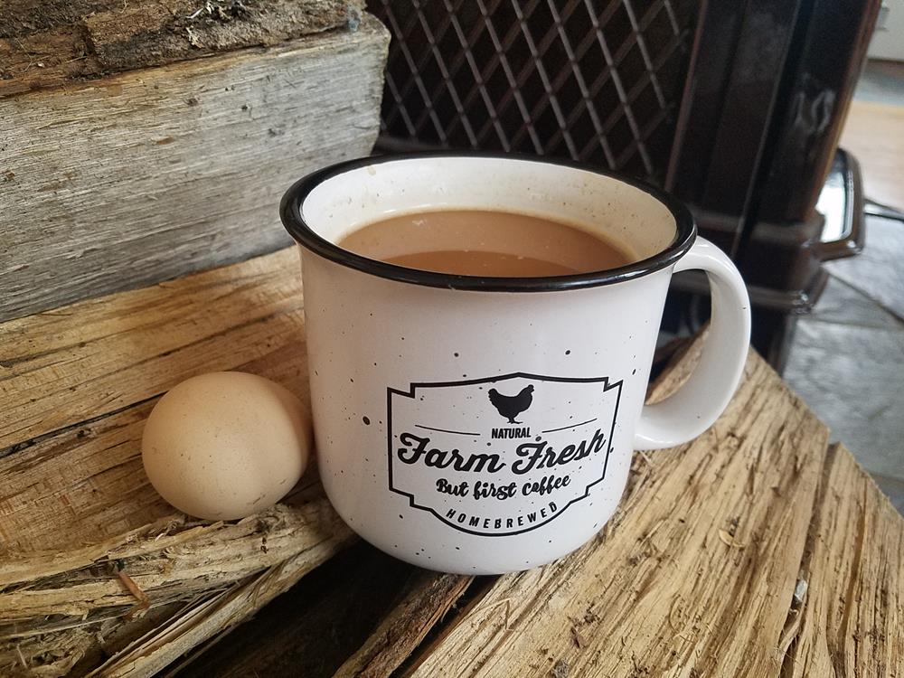 a mug of coffee and egg on a wood surface