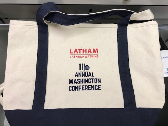 Customer photo from Andy of our Two-Tone Accent Gusseted Tote Bag, a white and blue bag with blue text