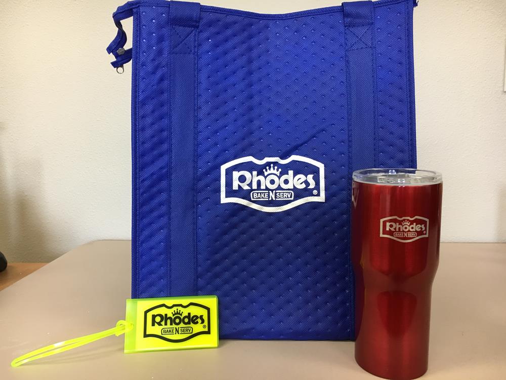 Customer photo from Diane of our Therm-O Tote Insulated Grocery Bag, a blue bag with a red cup and a yellow tag