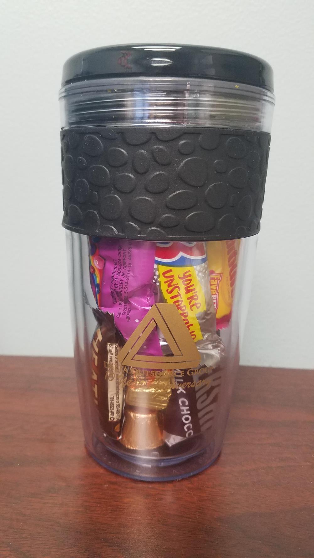 Customer photo from Adrianne of our Refresh Pebble Tumbler with Straw - 16 oz., a cup with candy in it