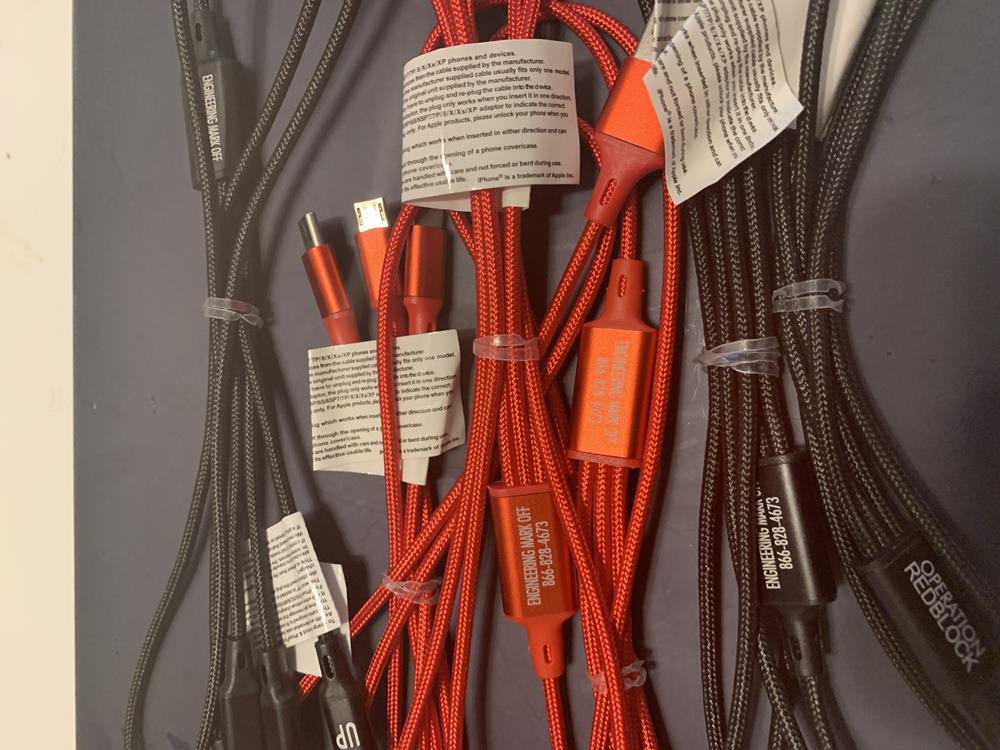 Customer photo from Robert of our 3' Metallic Charging Cable, a group of cables with tags