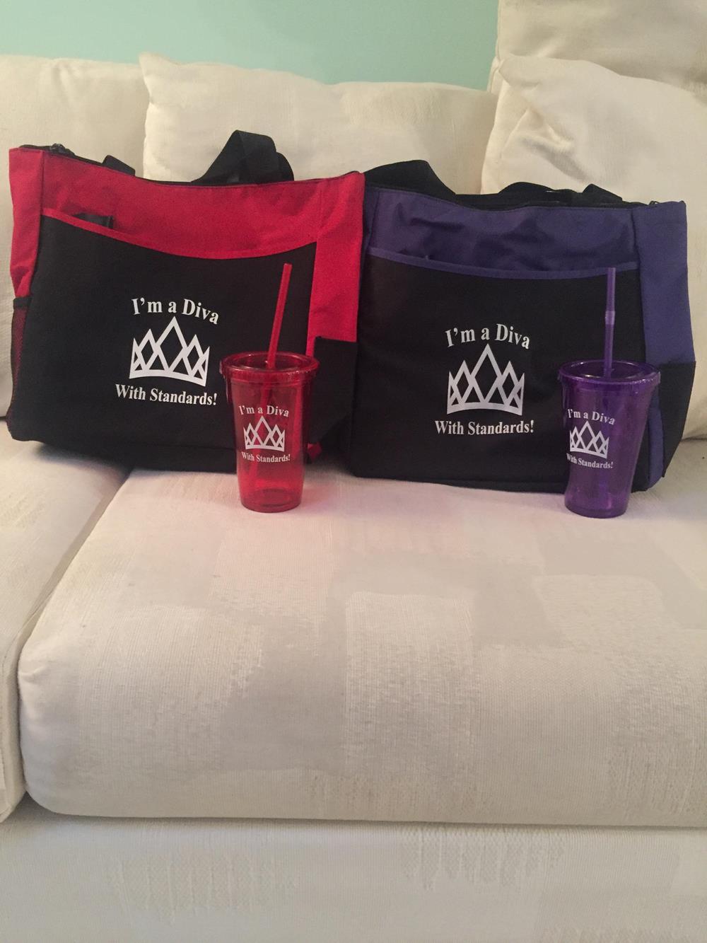 Customer photo from Debra of our Two-Tone Tote Bag - Screen, a group of bags with straws and cups on a couch