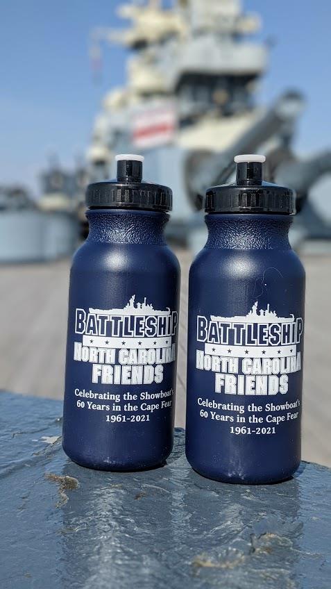 two blue water bottles with white text and words