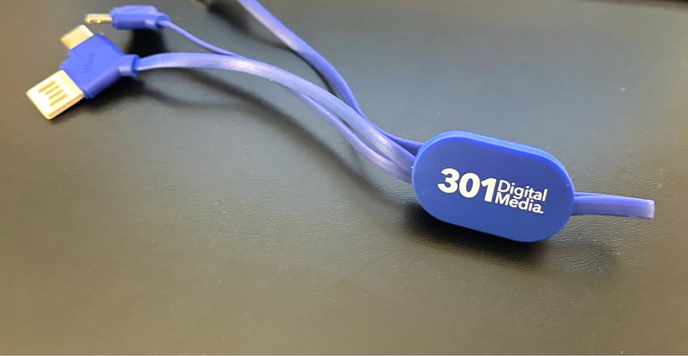 a blue cable with white text