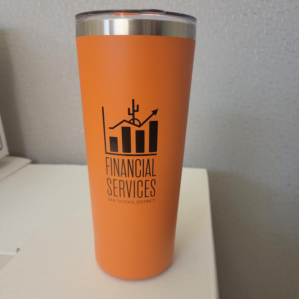 Customer photo from Tori of our Colma Vacuum Tumbler with Straw - 22 oz. - Colors, an orange and silver tumbler with a logo on it