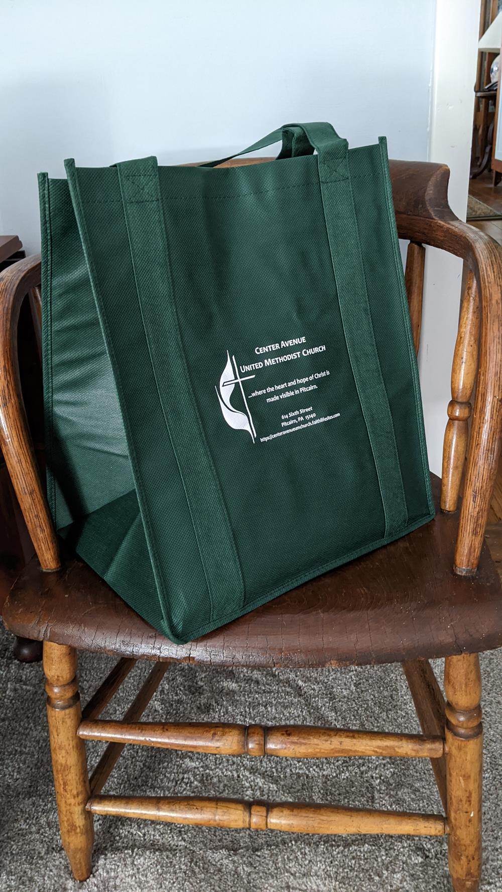 Customer photo from David of our Big Thunder Tote - 15" x 13", a green bag on a chair