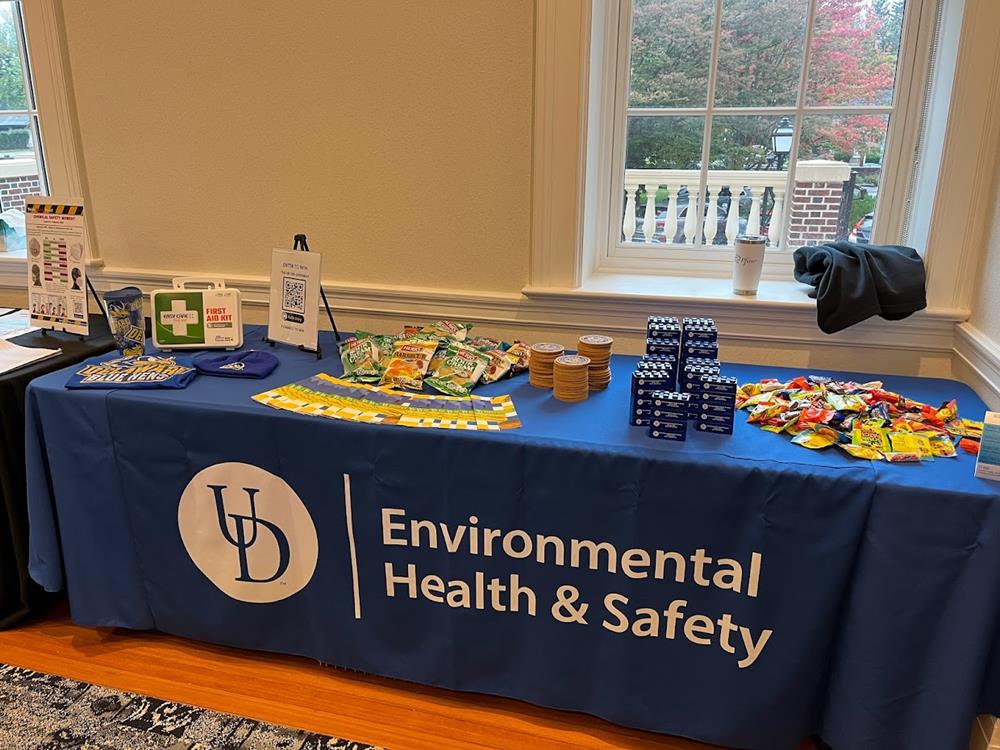 Customer photo from Michelle of our Building Block Stress Reliever, a table with a blue tablecloth and a sign