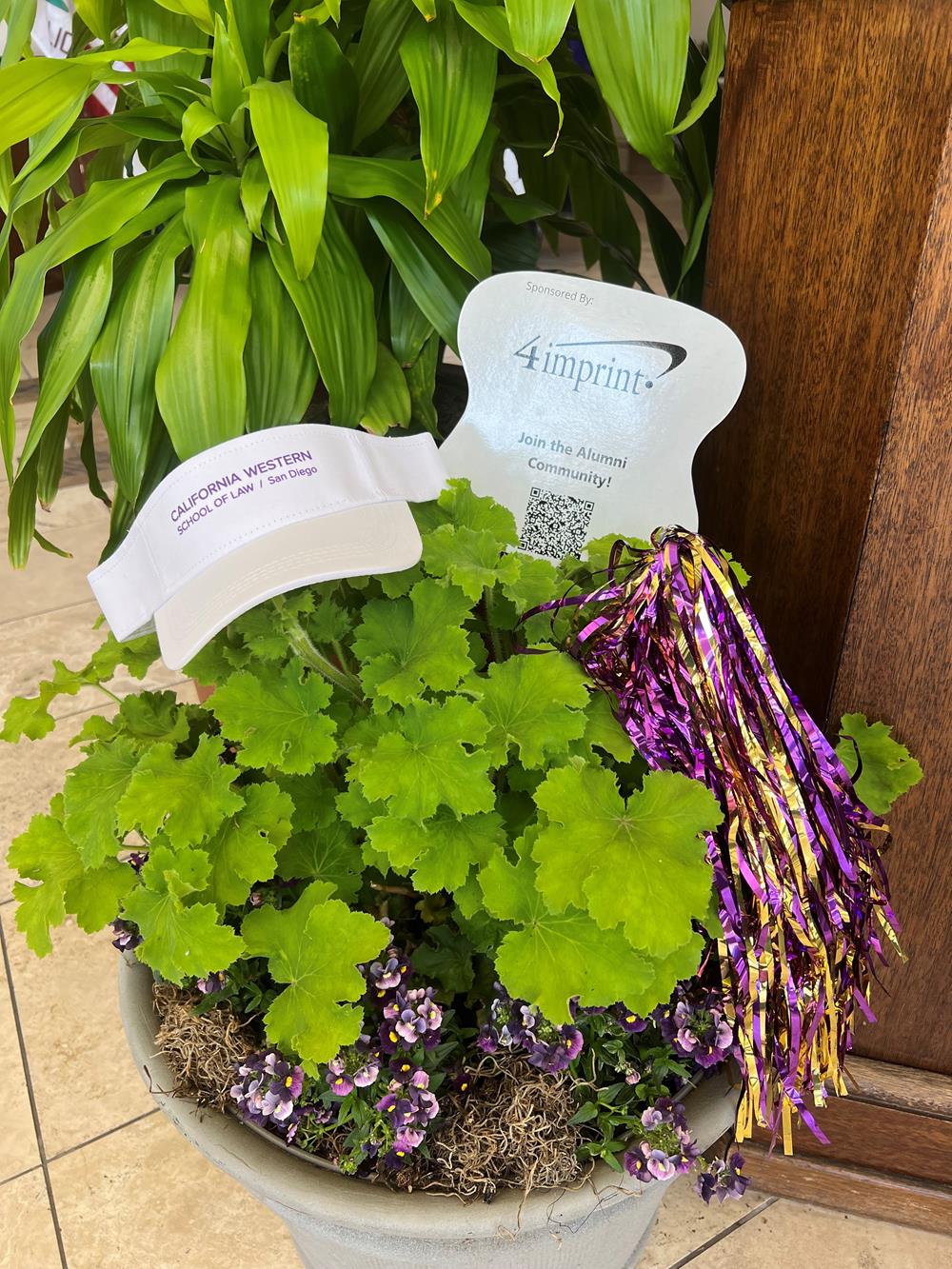 a potted plant with a paper bag and a pom