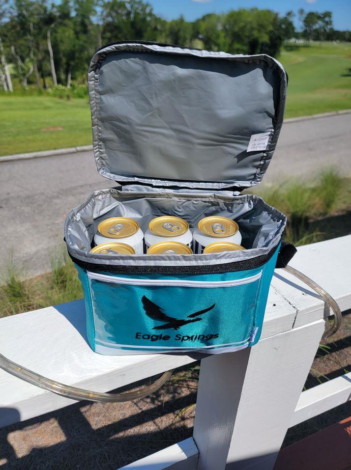 a cooler bag with cans inside