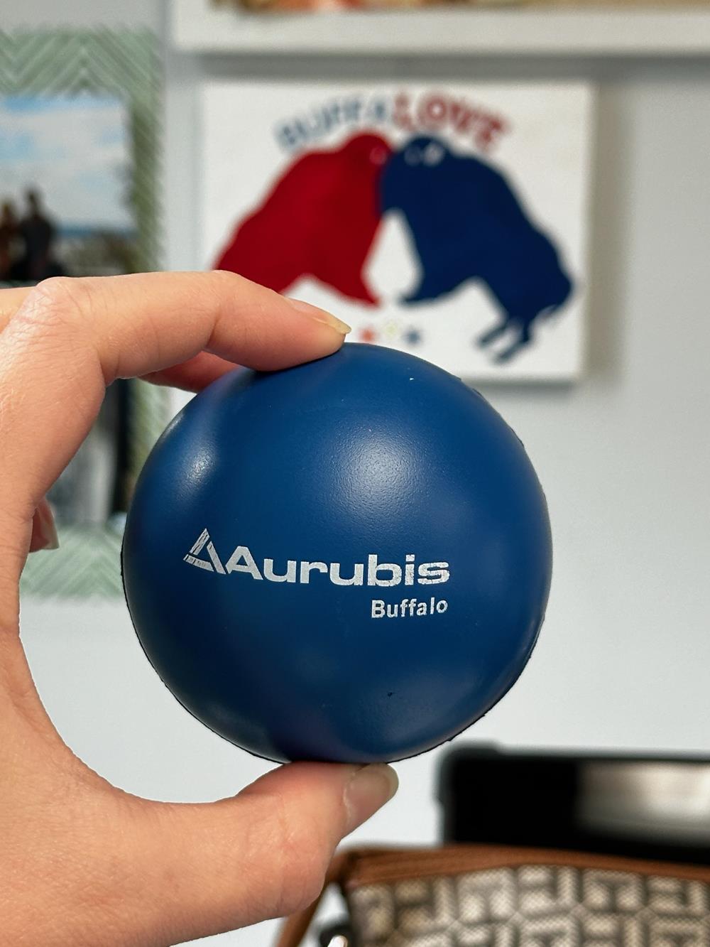 Customer photo from Shannon of our Solid Color Stress Ball - 24 hr, a hand holding a blue ball