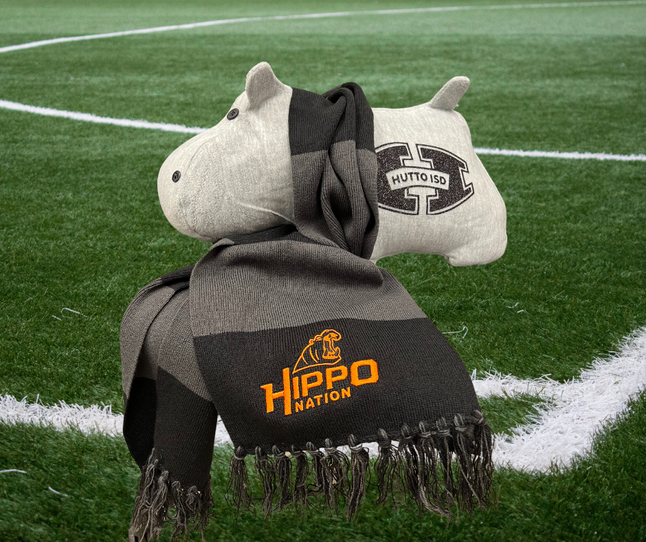 Customer photo from Jamie of our Team Scarf, a stuffed animal on a football field