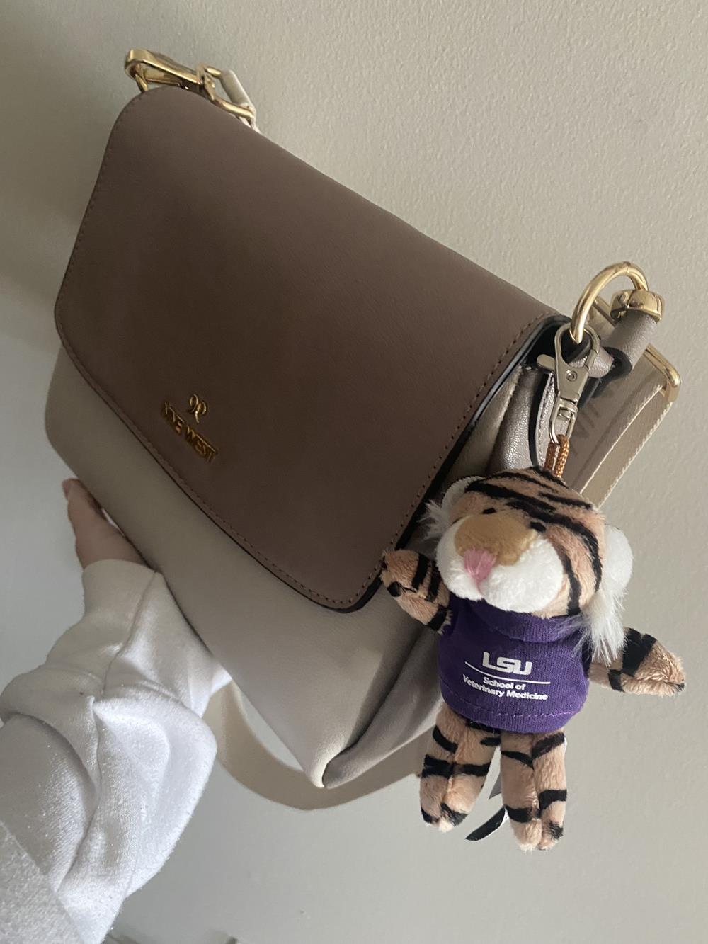 Customer photo from Cassidy of our Wild Bunch Keychain - Tiger, a hand holding a purse with a stuffed tiger toy