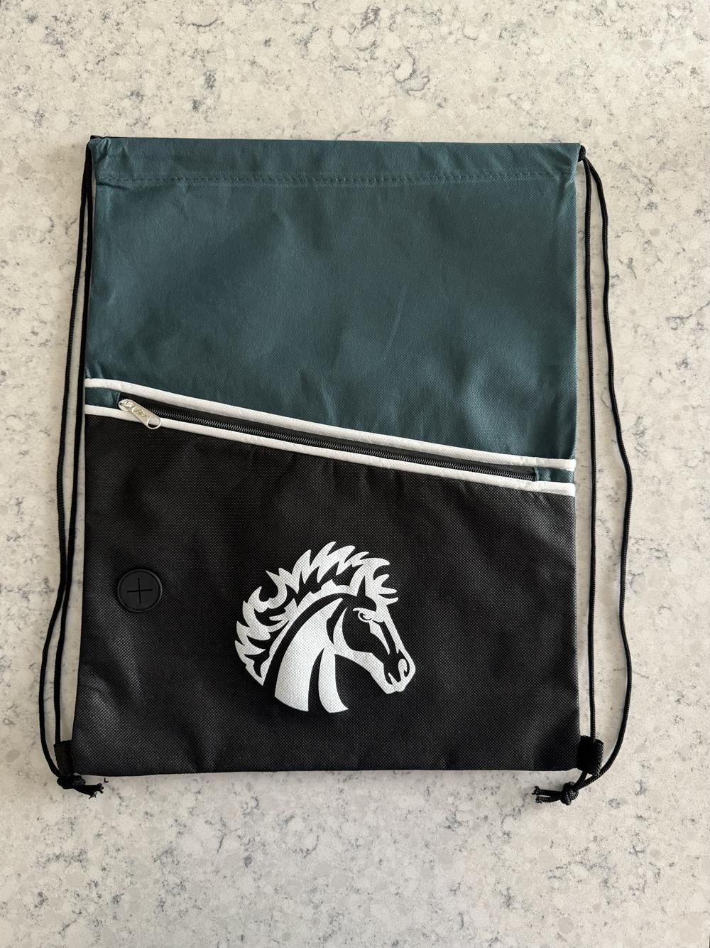 a black and green bag with a horse logo on it