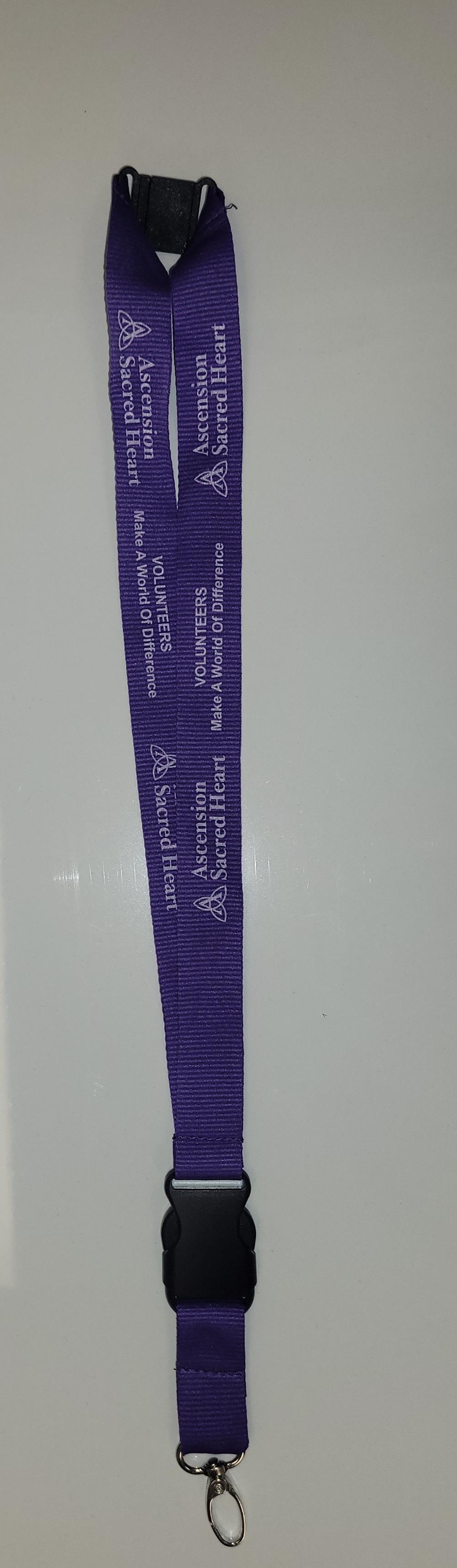 a purple lanyard with white text