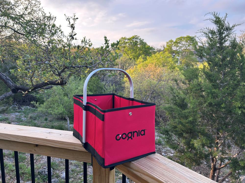 Customer photo from Mary of our Picnic Utility Tote, a pink bag on a railing