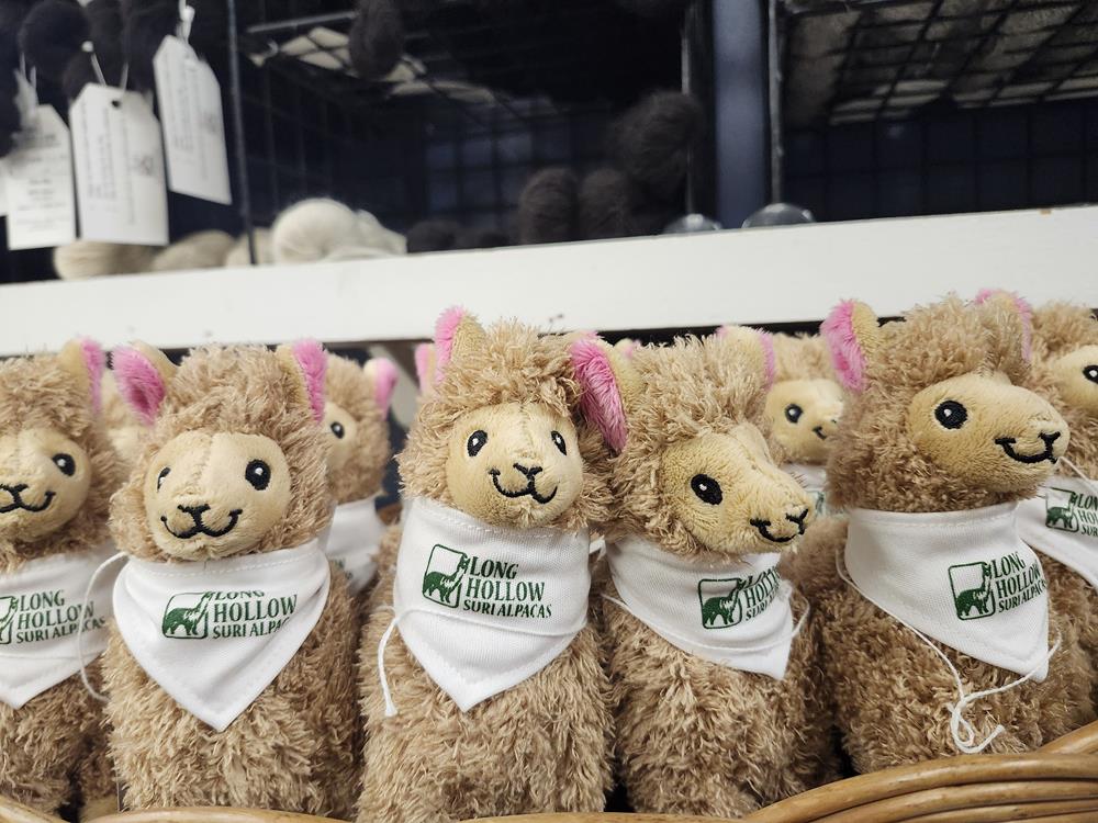 Customer photo from Shae of our Lana Llama, a group of stuffed llamas in a basket