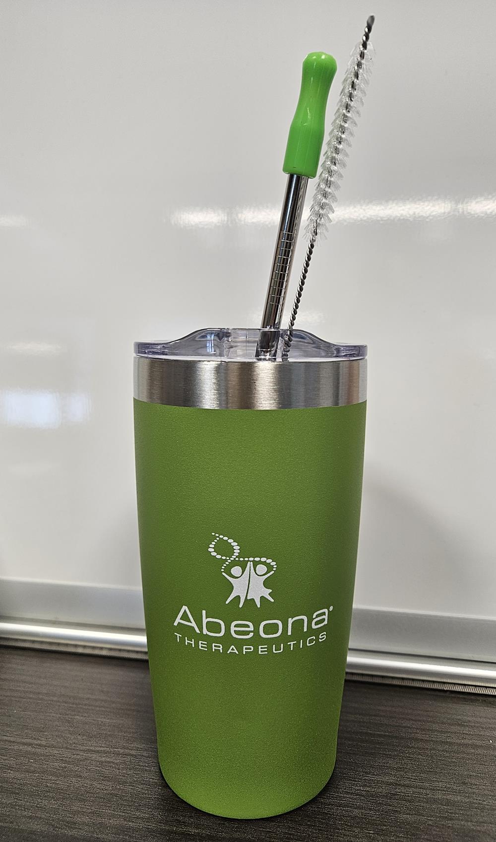 Customer photo from Julie of our Yowie Vacuum Tumbler with Stainless Straw Set - 18 oz. - Powder Coat, a green and silver tumbler with a brush in it