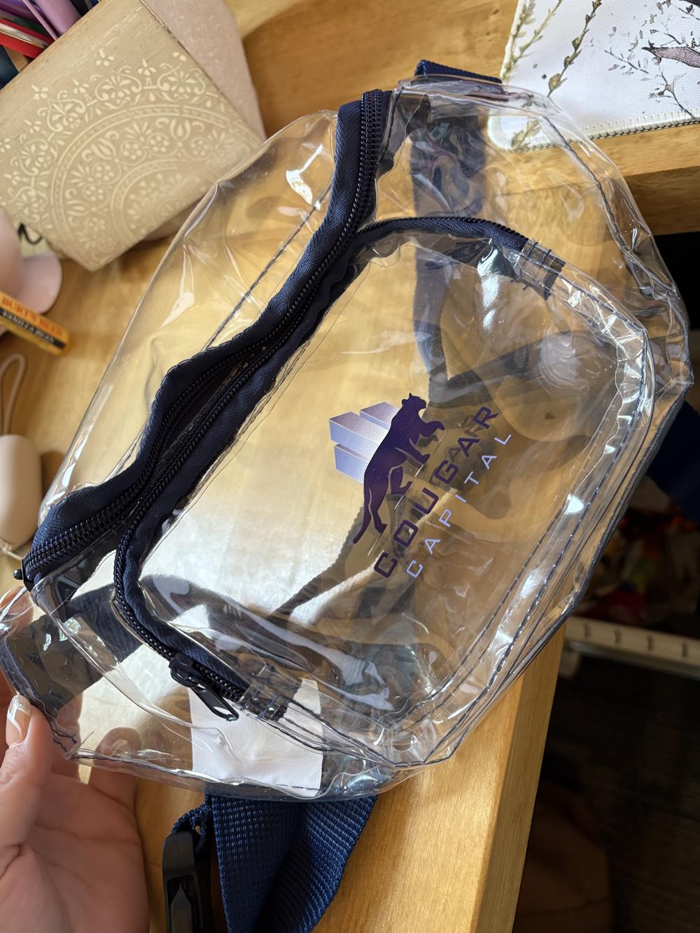 Customer photo from Sarah of our Clear Waist Pack - Full Color, a clear bag with a logo on it