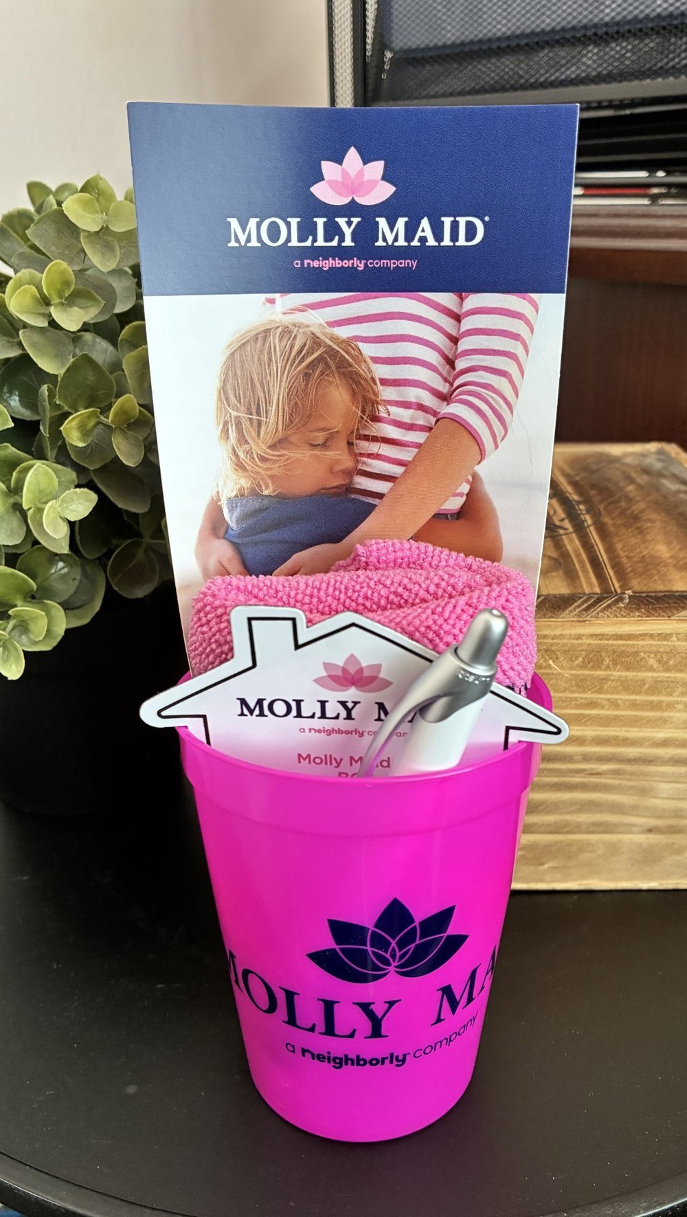 Customer photo from Marshall of our Mood Stadium Cup - 12 oz, a pink bucket with a pen and a picture of a child in it