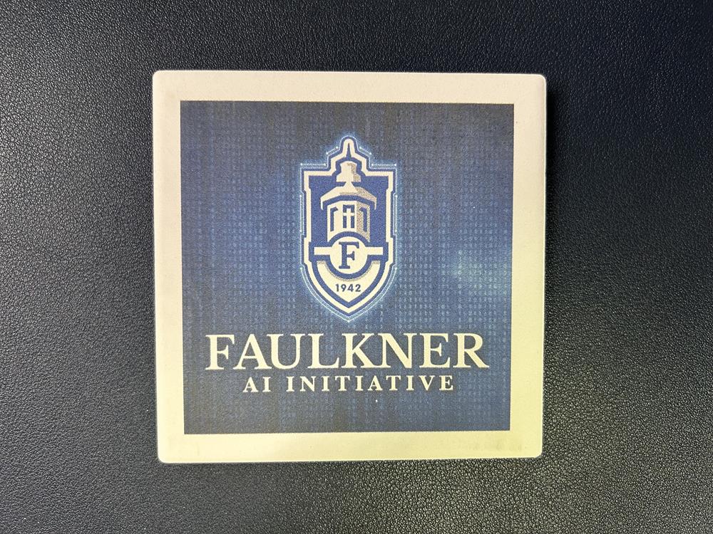 Customer photo from Tiffany of our Absorbent Stone Coaster - Square, a square blue and white square with white text