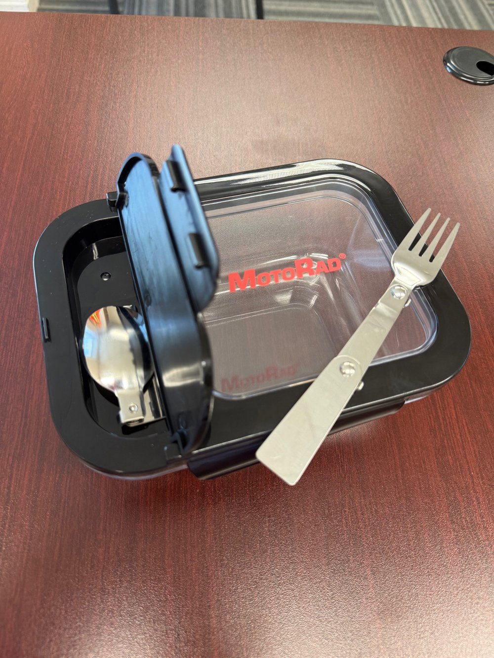 Customer photo from Katelyn of our Glass Bento Box, a fork and spoon in a plastic container