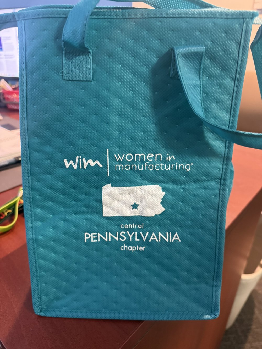 Customer photo from Karla of our Therm-O Snack Insulated Bag, a blue bag with white text on it
