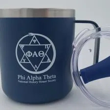 Customer photo from Jessica of our Camper Vacuum Mug - 12 oz., a blue mug with a lid