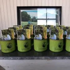 Customer photo from Laura of our Anodized Carabiner Keyholder, a group of green mugs with a picture of a golf course